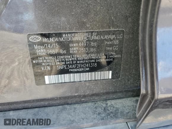 ✅ 2015 Hyundai Sonata Sport • VIN: 5NPE34AF2FH241318 • Lot: 37664753. Listed on Copart with 64,620 mi. Free auction sales archive from the USA and detailed vehicle history report at DreamBid. Image 12.