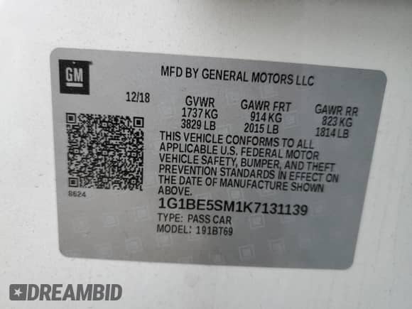 2019 Chevrolet Cruze LT с VIN 1G1BE5SM1K7131139, выставлен на аукционе Copart как лот 63574142 с пробегом 32 906 миль миль и . История ставок и продаж доступна на DreamBid. Изображение 10.