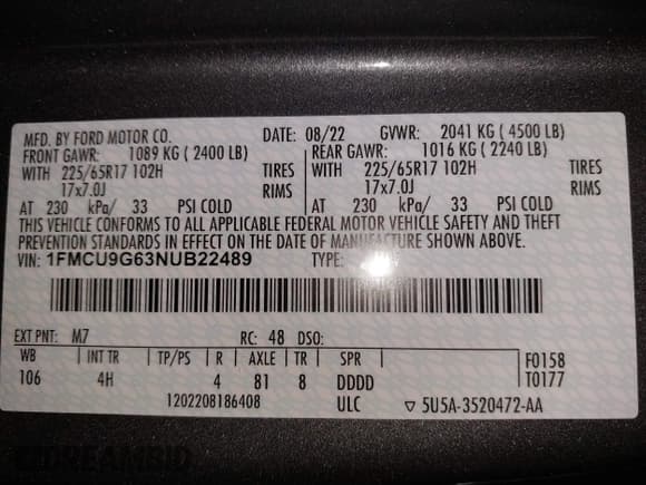 ✅ 2022 Ford Escape SE • VIN: 1FMCU9G63NUB22489 • Lot: 43389225. Listed on IAAI with 34,923 mi. Free auction sales archive from the USA and detailed vehicle history report at DreamBid. Image 9.