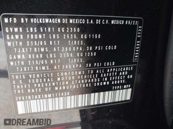 ✅ 2022 Volkswagen Tiguan S • VIN: 3VV1B7AX1NM111438 • Лот: 42532225. Опубликован ранее на IAAI с пробегом Не указан. Бесплатный доступ к архиву аукционных продаж из США и подробный отчёт об истории автомобиля на DreamBid. Изображение 9.