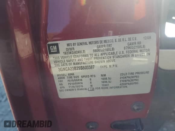 2009 Chevrolet HHR 1LT с VIN 3GNCA23B29S605587, выставлен на аукционе Copart как лот 77494074 с пробегом 81 579 миль миль и Списание • Salvage title. История ставок и продаж доступна на DreamBid. Изображение 9.