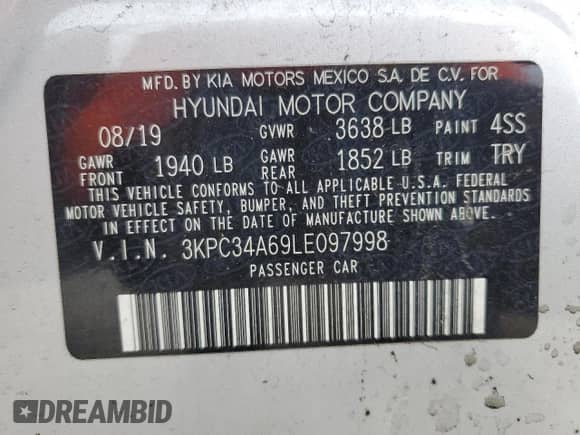 2020 Hyundai Accent Limited z VIN 3KPC34A69LE097998, wystawiony jako Copart lot #74094674 z przebiegiem 26 412 mil mil oraz Szkoda całkowita • Salvage title. Historia ofert i sprzedaży dostępna na DreamBid. Obrazek 12.
