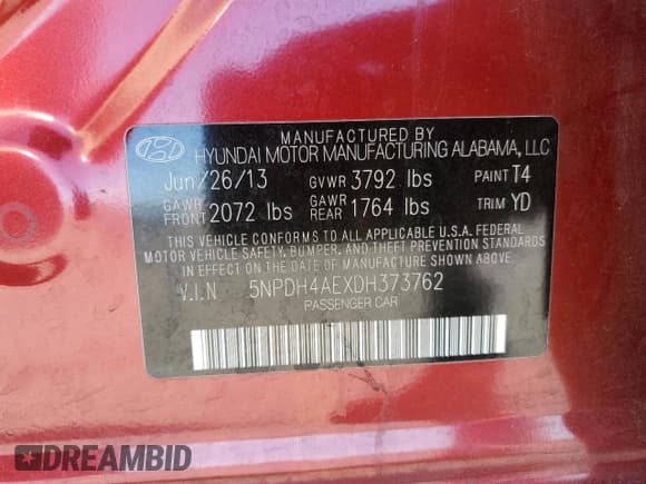 ✅ 2013 Hyundai Elantra GLS • VIN: 5NPDH4AEXDH373762 • Lot: 90073225. Listed on Copart with 96,054 mi. Free auction sales archive from the USA and detailed vehicle history report at DreamBid. Image 12.