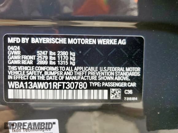 ✅ 2024 BMW 4 Series M440i xDrive • VIN: WBA13AW01RFT30780 • Lot: 55680965. Listed on Copart with 1,924 mi. Free auction sales archive from the USA and detailed vehicle history report at DreamBid. Image 13.