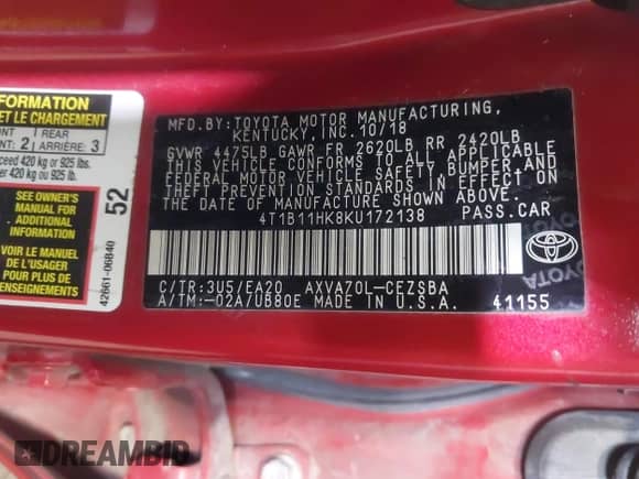 2019 Toyota Camry LE with VIN 4T1B11HK8KU172138, listed as a IAAI auction lot 42717796 with 171,445 mi miles and . Bid and sale history available at DreamBid. Image 9.