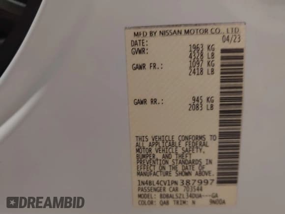 ✅ 2023 Nissan Altima SR • VIN: 1N4BL4CV1PN387997 • Lot: 43499968. Listed on IAAI with 15,513 mi. Free auction sales archive from the USA and detailed vehicle history report at DreamBid. Image 9.