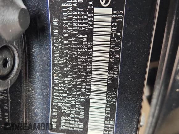 ✅ 2024 Toyota Corolla LE • VIN: 5YFB4MDE8RP115085 • Лот: 84218605. Опубликован ранее на Copart с пробегом 927 миль. Бесплатный доступ к архиву аукционных продаж из США и подробный отчёт об истории автомобиля на DreamBid. Изображение 13.