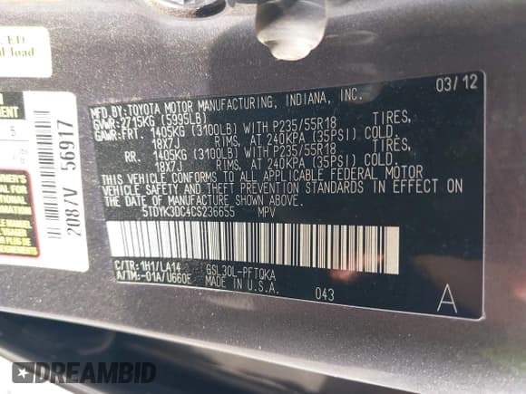 ✅ 2012 Toyota Sienna XLE AAS • VIN: 5TDYK3DC4CS236655 • Lot: 42957972. Listed on IAAI with 124,420 mi. Free auction sales archive from the USA and detailed vehicle history report at DreamBid. Image 9.