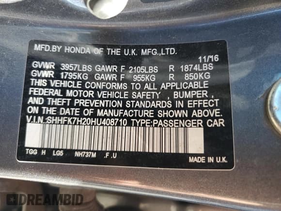 ✅ 2017 Honda Civic LX • VIN: SHHFK7H20HU408710 • Lot: 82488555. Listed on Copart with 125,359 mi. Free auction sales archive from the USA and detailed vehicle history report at DreamBid. Image 12.