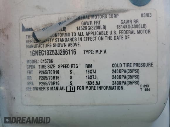 ✅ 2003 Chevrolet Tahoe LS • VIN: 1GNEC13Z53J266116 • Lot: 82589095. Listed on Copart with 264,207 mi. Free auction sales archive from the USA and detailed vehicle history report at DreamBid. Image 13.