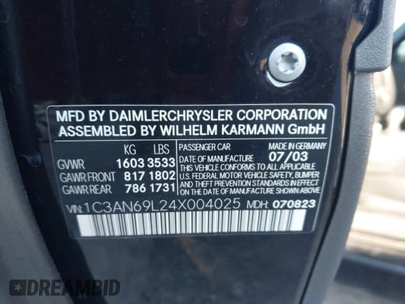 ✅ 2004 Chrysler Crossfire • VIN: 1C3AN69L24X004025 • Lot: 43691741. Listed on IAAI with 89,638 mi. Free auction sales archive from the USA and detailed vehicle history report at DreamBid. Image 9.