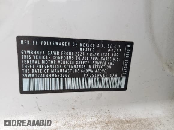 ✅ 2017 Volkswagen Golf S • VIN: 3VWM17AU4HM523262 • Лот: 55090565. Опубликован ранее на Copart с пробегом 95 180 миль. Бесплатный доступ к архиву аукционных продаж из США и подробный отчёт об истории автомобиля на DreamBid. Изображение 12.