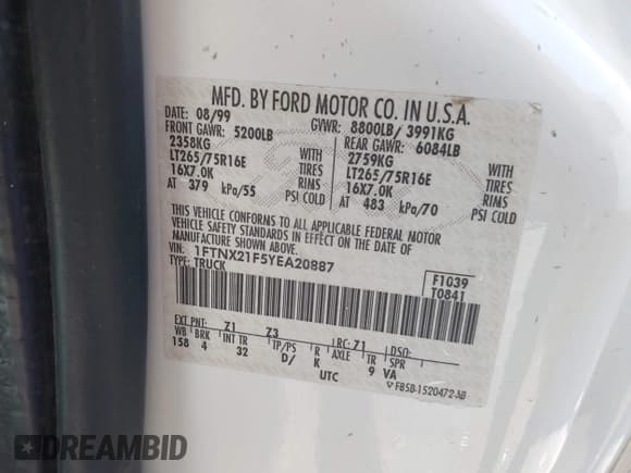 ✅ 2000 Ford F-250 XL • VIN: 1FTNX21F5YEA20887 • Лот: 42418515. Опубликован ранее на IAAI с пробегом 252 232 миль. Бесплатный доступ к архиву аукционных продаж из США и подробный отчёт об истории автомобиля на DreamBid. Изображение 9.