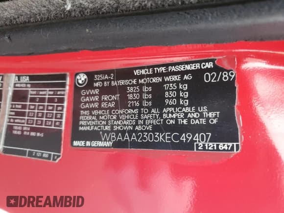 ✅ 1989 BMW 3 Series 325is • VIN: WBAAA2303KEC49407 • Лот: 53133765. Опубликован ранее на Copart с пробегом 127 657 миль. Бесплатный доступ к архиву аукционных продаж из США и подробный отчёт об истории автомобиля на DreamBid. Изображение 12.