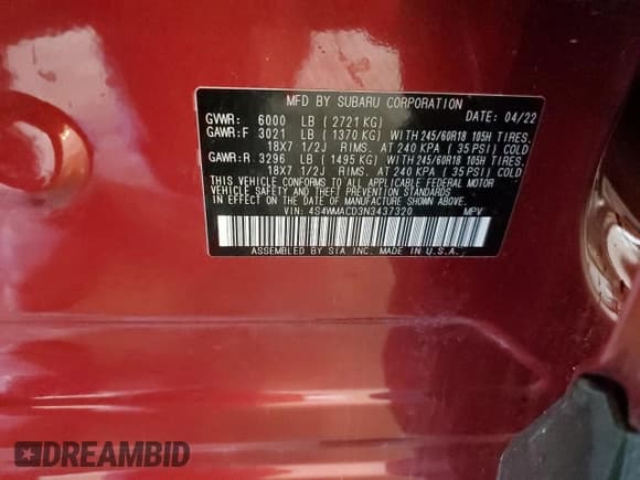 ✅ 2022 Subaru Ascent Premium • VIN: 4S4WMACD3N3437320 • Лот: 82042925. Опубликован ранее на Copart с пробегом 36 152 миль. Бесплатный доступ к архиву аукционных продаж из США и подробный отчёт об истории автомобиля на DreamBid. Изображение 13.