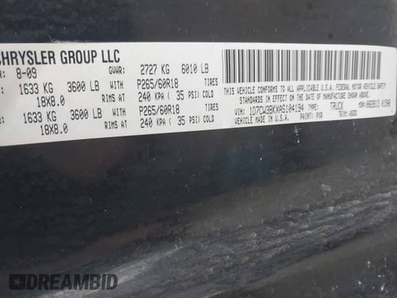 2010 Dodge Dakota Bighorn/Lonestar with VIN 1D7CW3BKXAS104194, listed as a IAAI auction lot 41715084 with 188,981 mi miles and . Bid and sale history available at DreamBid. Image 9.