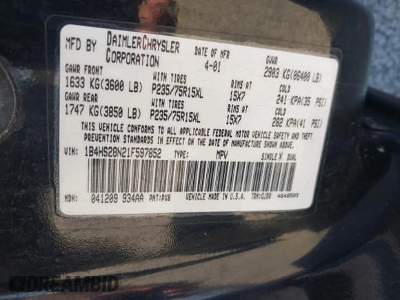 ✅ 2001 Dodge Durango • VIN: 1B4HS28N21F597852 • Лот: 42860908. Опубликован ранее на IAAI с пробегом 212 457 миль. Бесплатный доступ к архиву аукционных продаж из США и подробный отчёт об истории автомобиля на DreamBid. Изображение 9.