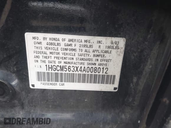 ✅ 2004 Honda Accord LX • VIN: 1HGCM563X4A008012 • Лот: 43681227. Опубликован ранее на IAAI с пробегом 149 741 миль. Бесплатный доступ к архиву аукционных продаж из США и подробный отчёт об истории автомобиля на DreamBid. Изображение 9.