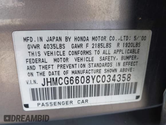 ✅ 2000 Honda Accord EX • VIN: JHMCG6608YC034358 • Lot: 43512691. Listed on IAAI with 180,580 mi. Free auction sales archive from the USA and detailed vehicle history report at DreamBid. Image 9.