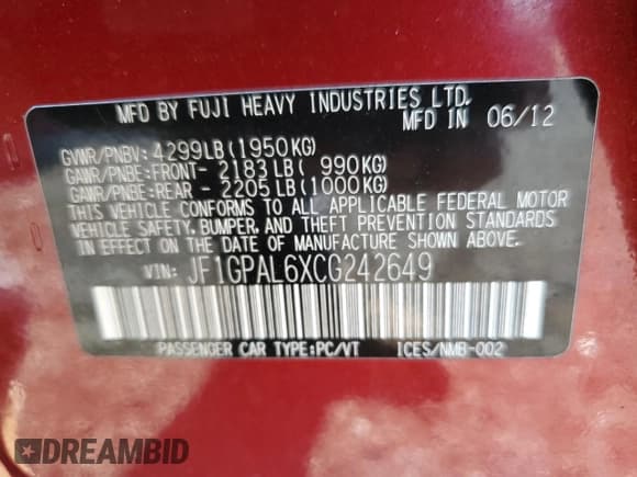 ✅ 2012 Subaru Impreza Special Sports Premium • VIN: JF1GPAL6XCG242649 • Lot: 81296665. Listed on Copart with 146,306 mi. Free auction sales archive from the USA and detailed vehicle history report at DreamBid. Image 12.