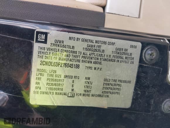 ✅ 2007 Chevrolet Equinox LT • VIN: 2CNDL63F276045188 • Лот: 43361126. Опубликован ранее на IAAI с пробегом 172 892 миль. Бесплатный доступ к архиву аукционных продаж из США и подробный отчёт об истории автомобиля на DreamBid. Изображение 9.