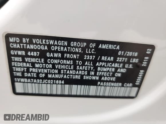 ✅ 2018 Volkswagen Passat SE • VIN: 1VWBA7A32JC021694 • Lot: 57619625. Wystawiony na Copart z przebiegiem 113 172 mil. Bezpłatny archiwum sprzedaży aukcyjnych z USA i szczegółowy raport historii pojazdu na DreamBid. Zdjęcie 12.