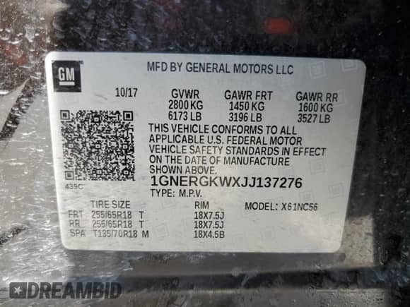 2018 Chevrolet Traverse LT Cloth with VIN 1GNERGKWXJJ137276, listed as a Copart auction lot 86170425 with 146,164 mi miles and Clean title. Bid and sale history available at DreamBid. Image 13.