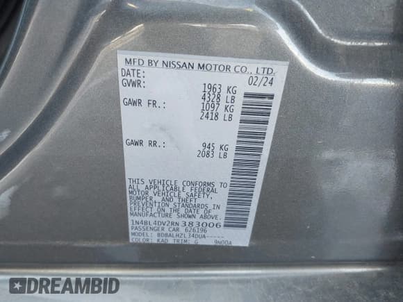 ✅ 2024 Nissan Altima SV • VIN: 1N4BL4DV2RN383006 • Lot: 43671386. Listed on IAAI with 41,584 mi. Free auction sales archive from the USA and detailed vehicle history report at DreamBid. Image 9.