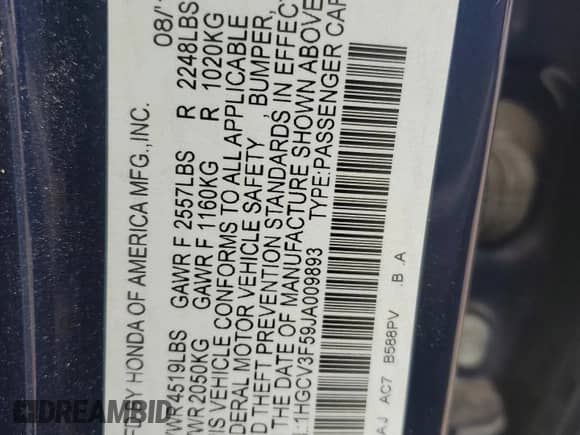 2018 Honda Accord EX-L z VIN 1HGCV3F59JA009893, wystawiony jako Copart lot #82086405 z przebiegiem 75 158 mil mil oraz Szkoda całkowita • Salvage title. Historia ofert i sprzedaży dostępna na DreamBid. Obrazek 12.