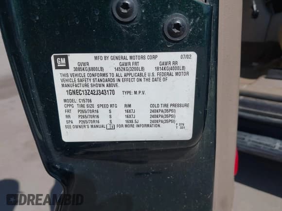 ✅ 2002 Chevrolet Tahoe LT • VIN: 1GNEC13Z42J343170 • Lot: 42595305. Listed on IAAI with 383,405 mi. Free auction sales archive from the USA and detailed vehicle history report at DreamBid. Image 9.