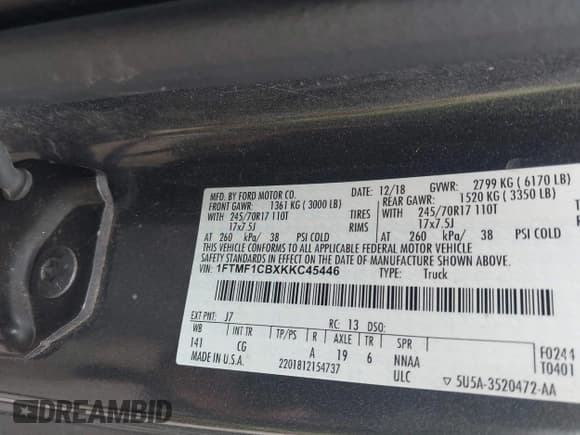 ✅ 2019 Ford F-150 XL • VIN: 1FTMF1CBXKKC45446 • Lot: 42579317. Listed on IAAI with 126,301 mi. Free auction sales archive from the USA and detailed vehicle history report at DreamBid. Image 9.