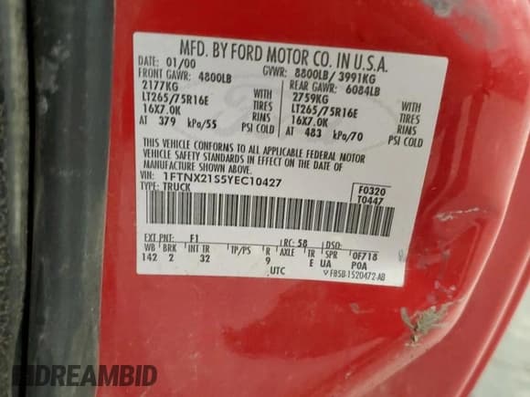 ✅ 2000 Ford F-250 XL • VIN: 1FTNX21S5YEC10427 • Lot: 59093625. Listed on Copart with 111,585 mi. Free auction sales archive from the USA and detailed vehicle history report at DreamBid. Image 12.