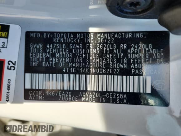 ✅ 2022 Toyota Camry SE • VIN: 4T1G11AK1NU062827 • Lot: 89730935. Wystawiony na Copart z przebiegiem 32 628 mil. Bezpłatny archiwum sprzedaży aukcyjnych z USA i szczegółowy raport historii pojazdu na DreamBid. Zdjęcie 12.