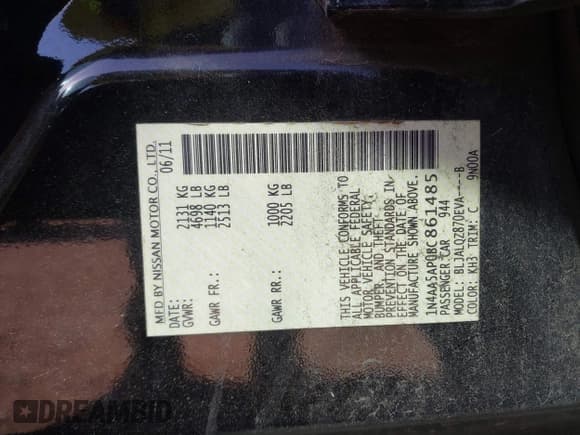 ✅ 2011 Nissan Maxima SV • VIN: 1N4AA5AP0BC861485 • Lot: 41844374. Listed on IAAI with 201,488 mi. Free auction sales archive from the USA and detailed vehicle history report at DreamBid. Image 9.