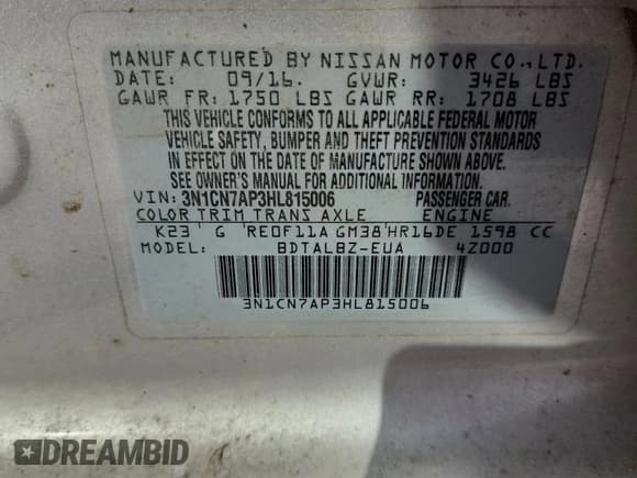 ✅ 2017 Nissan Versa S Plus • VIN: 3N1CN7AP3HL815006 • Lot: 82329835. Listed on Copart with 102,402 mi. Free auction sales archive from the USA and detailed vehicle history report at DreamBid. Image 12.