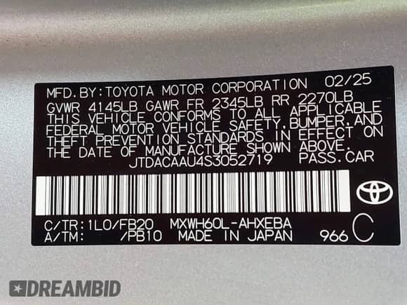 2025 Toyota Prius LE with VIN JTDACAAU4S3052719, listed as a IAAI auction lot 43175096 with 23,082 mi miles and . Bid and sale history available at DreamBid. Image 9.