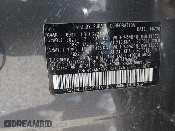 ✅ 2020 Subaru Ascent Premium • VIN: 4S4WMAFD9L3476745 • Lot: 43722968. Listed on IAAI with 78,231 mi. Free auction sales archive from the USA and detailed vehicle history report at DreamBid. Image 9.