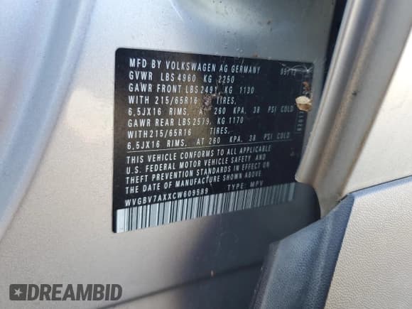 ✅ 2012 Volkswagen Tiguan S • VIN: WVGBV7AXXCW609589 • Лот: 92124635. Опубликован ранее на Copart с пробегом 177 593 миль. Бесплатный доступ к архиву аукционных продаж из США и подробный отчёт об истории автомобиля на DreamBid. Изображение 13.