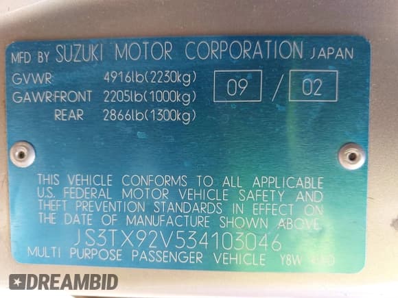 ✅ 2003 Suzuki XL7 Touring • VIN: JS3TX92V534103046 • Lot: 41978971. Listed on IAAI with 185,038 mi. Free auction sales archive from the USA and detailed vehicle history report at DreamBid. Image 9.