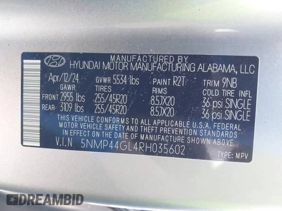 2024 Hyundai Santa Fe Limited с VIN 5NMP44GL4RH035602, выставлен на аукционе IAAI как лот 41637192 с пробегом 12 071 миль миль и . История ставок и продаж доступна на DreamBid. Изображение 9.