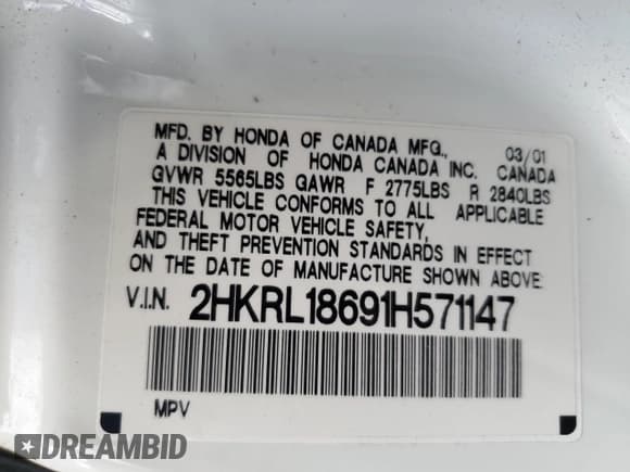 ✅ 2001 Honda Odyssey EX • VIN: 2HKRL18691H571147 • Lot: 87392925. Listed on Copart with 229,169 mi. Free auction sales archive from the USA and detailed vehicle history report at DreamBid. Image 13.