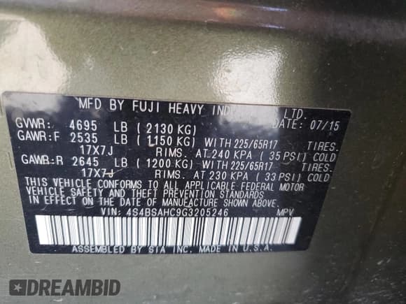 ✅ 2016 Subaru Outback Premium • VIN: 4S4BSAHC9G3205246 • Lot: 60939995. Listed on Copart with 67,612 mi. Free auction sales archive from the USA and detailed vehicle history report at DreamBid. Image 12.