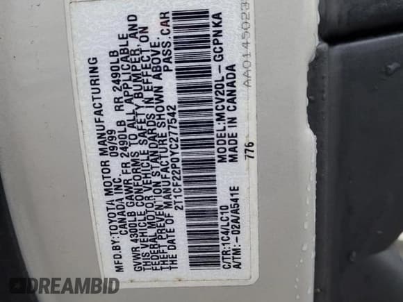 ✅ 2000 Toyota Solara SE • VIN: 2T1CF22P0YC277542 • Lot: 90323505. Listed on Copart with 298,794 mi. Free auction sales archive from the USA and detailed vehicle history report at DreamBid. Image 13.