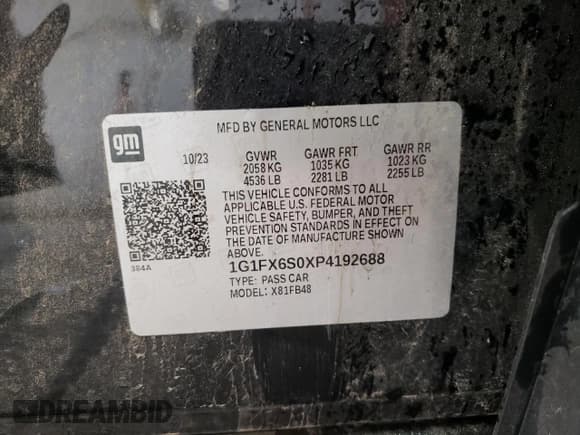 ✅ 2023 Chevrolet Bolt EV 2LT • VIN: 1G1FX6S0XP4192688 • Lot: 43379795. Listed on Copart with 14,140 mi. Free auction sales archive from the USA and detailed vehicle history report at DreamBid. Image 12.