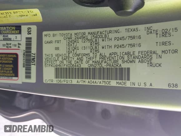 ✅ 2015 Toyota Tacoma PreRunner • VIN: 5TFKU4HN1FX006443 • Lot: 42396815. Listed on IAAI with 176,592 mi. Free auction sales archive from the USA and detailed vehicle history report at DreamBid. Image 9.