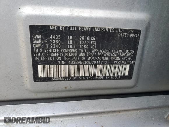 ✅ 2013 Subaru Legacy Premium • VIN: 4S3BMBC6XD3014212 • Lot: 67389255. Listed on Copart with 203,383 mi. Free auction sales archive from the USA and detailed vehicle history report at DreamBid. Image 12.