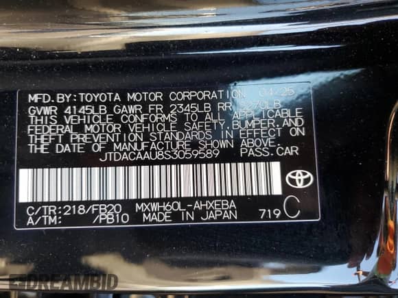 2025 Toyota Prius LE с VIN JTDACAAU8S3059589, выставлен на аукционе Copart как лот 72100945 с пробегом 14 715 миль миль и Списание • Salvage title. История ставок и продаж доступна на DreamBid. Изображение 14.