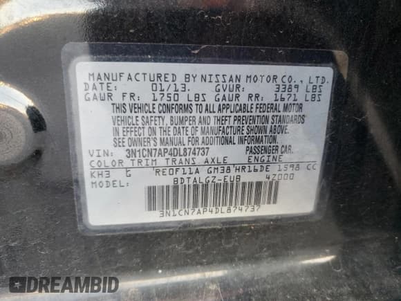 ✅ 2013 Nissan Versa SL • VIN: 3N1CN7AP4DL874737 • Lot: 92636655. Wystawiony na Copart z przebiegiem 95 276 mil. Bezpłatny archiwum sprzedaży aukcyjnych z USA i szczegółowy raport historii pojazdu na DreamBid. Zdjęcie 12.