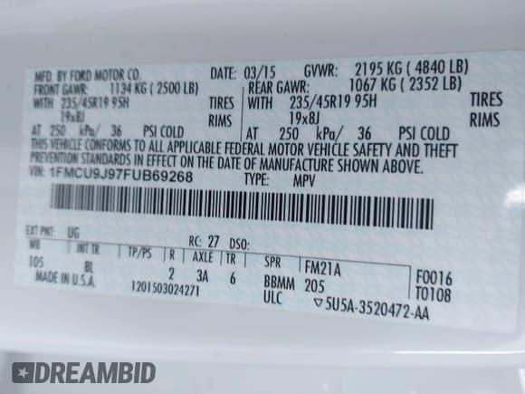 ✅ 2015 Ford Escape Titanium • VIN: 1FMCU9J97FUB69268 • Lot: 43748640. Listed on IAAI with 191,366 mi. Free auction sales archive from the USA and detailed vehicle history report at DreamBid. Image 9.