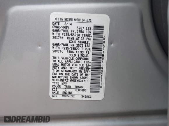 ✅ 2014 Nissan Murano SV • VIN: JN8AZ1MW5EW531718 • Lot: 42920712. Listed on IAAI with 196,482 mi. Free auction sales archive from the USA and detailed vehicle history report at DreamBid. Image 9.